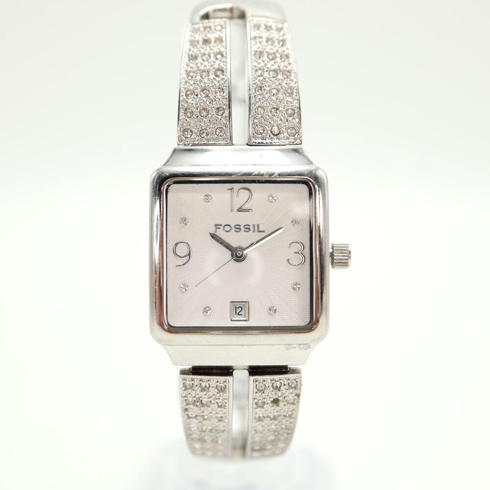 Fossil Silver Tone Square 22mm Watch Gem 5.75" Bracelet ES2017 w New Battery
